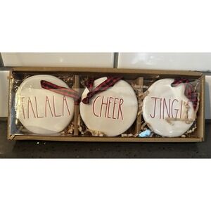 RAE DUNN White Red 3"‎ JINGLE FALALA CHEER Ceramic ORNAMENT Set of 3